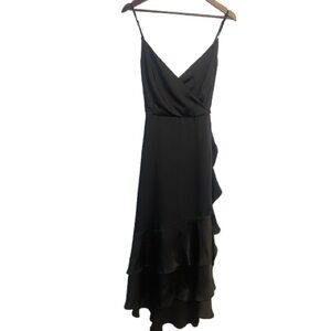 Elegant Sexy Nine West Black Satin Spaghetti Strap Tiered Dress with Ruffles